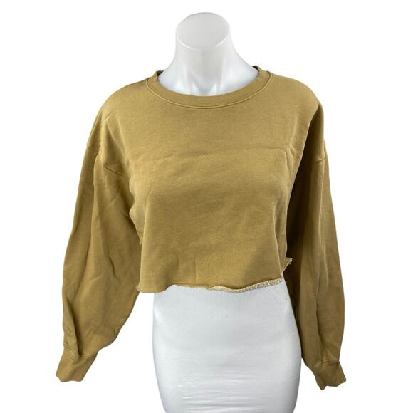 Aritzia TNA Cozy AF Tan Long Sleeve Crew Neck Fleece Lined Crop Sweatshirt Top 2 - Picture 1 of 4